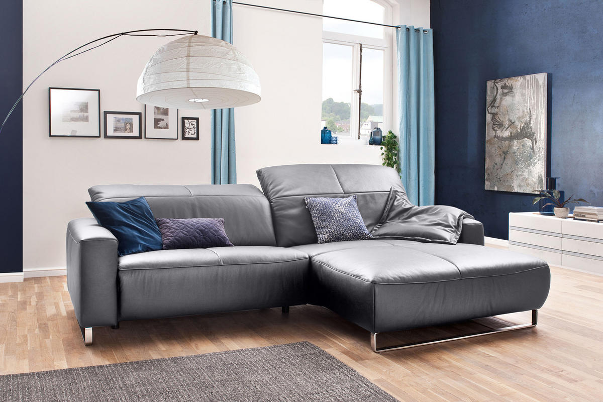 ECKSOFA YORK Hellgrau Leder - Silberfarben/Hellgrau, Leder (284/180cm) - KAWOLA