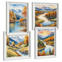 BILDER SET 4er Set - 50x50 cm & 40x60 cm Weißer Rahmen - Herbstliche Berge, Flusshütte - Weiß, Kunststoff (50/50cm) - TULUP