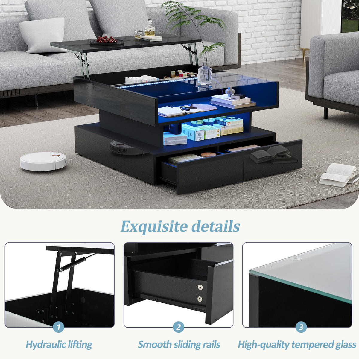 COUCHTISCH Schwarz 80/80/45 cm mit Hubfunktion, LED, Glas-Element und Schubladen - Schwarz, Holzwerkstoff (80/80/45cm) - PANGIVO
