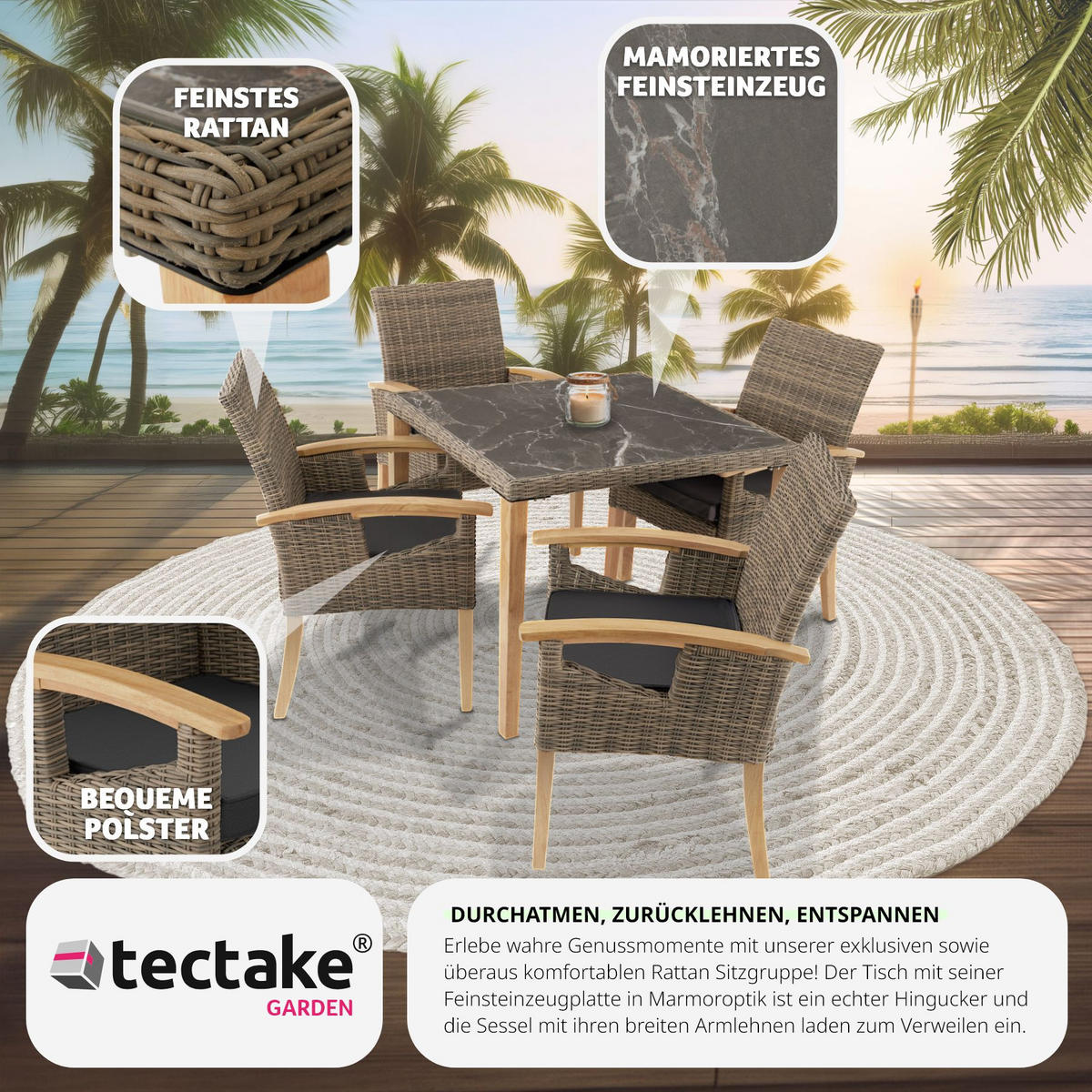 GARTENTISCH Tarent mit 4 Stühlen Rosarno, Armlehnen und Füße aus Holz, natur - Naturfarben, Kunststoff - tectake