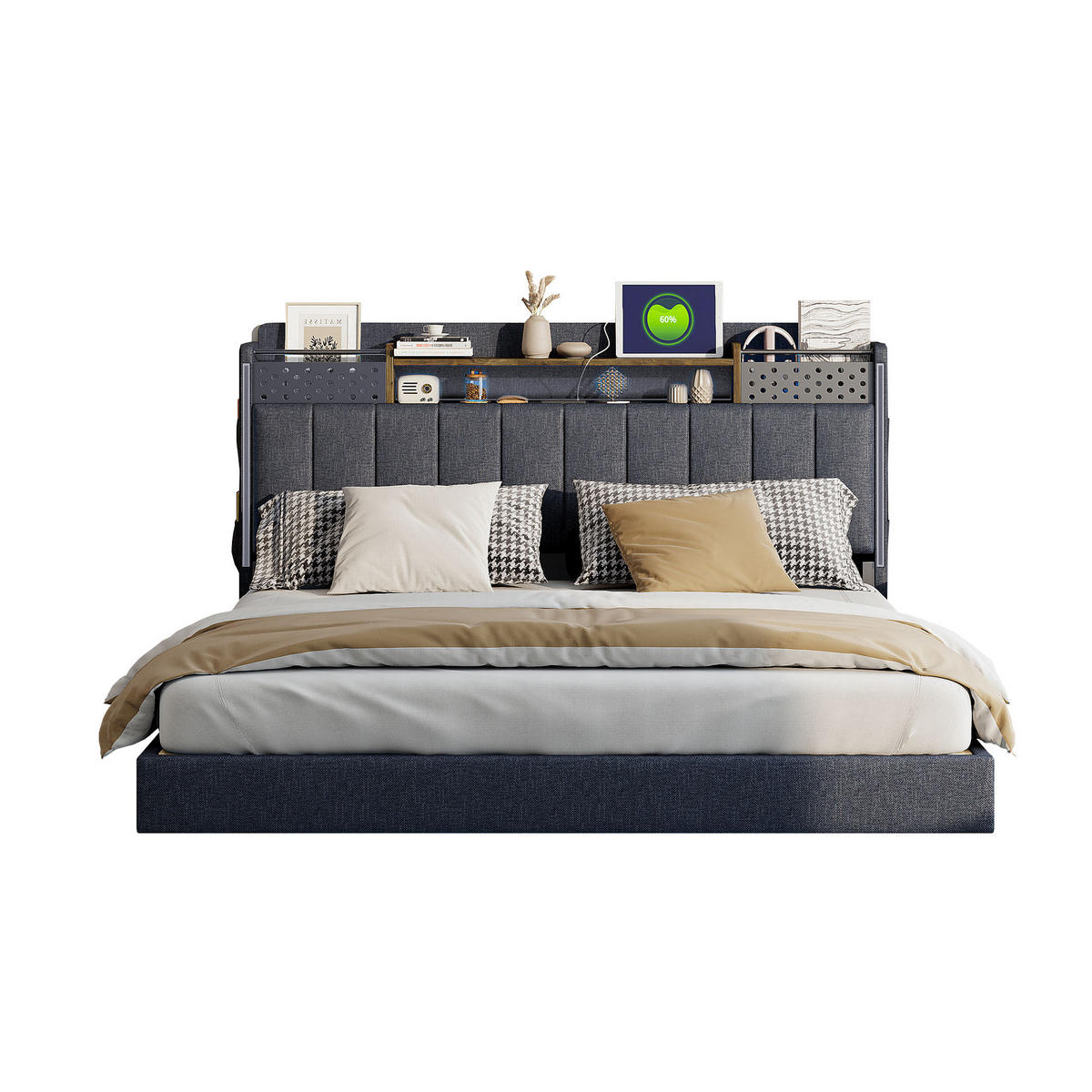 POLSTERBETT 160/200 cm grau aus Leinenstoff mit LED und USB-Anschluss mit Stauraum - Grau, Textil (160/200cm) - OKWISH