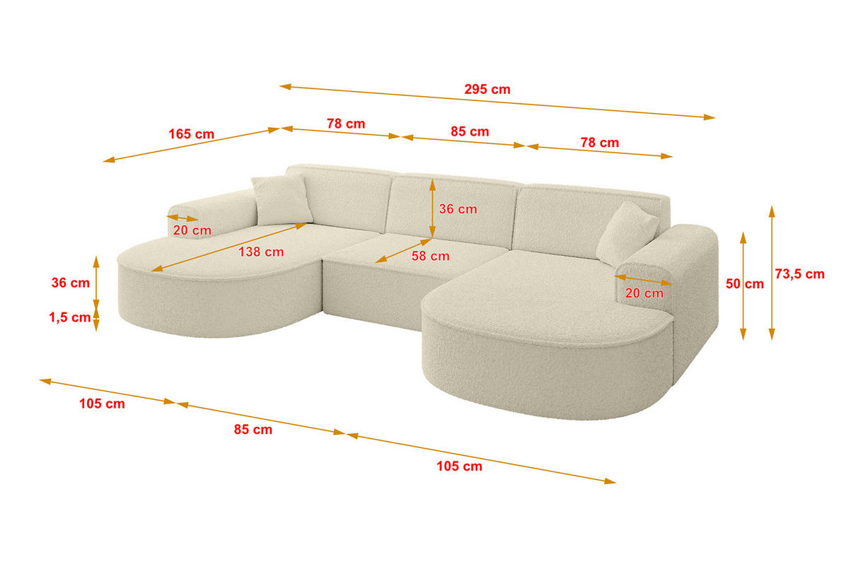 WOHNLANDSCHAFT MARI-U1 - 295x163x73,5 cm Beige Bouclé - Beige/Schwarz, Holzwerkstoff/Kunststoff (295/73.5/163cm) - ALTDECOR