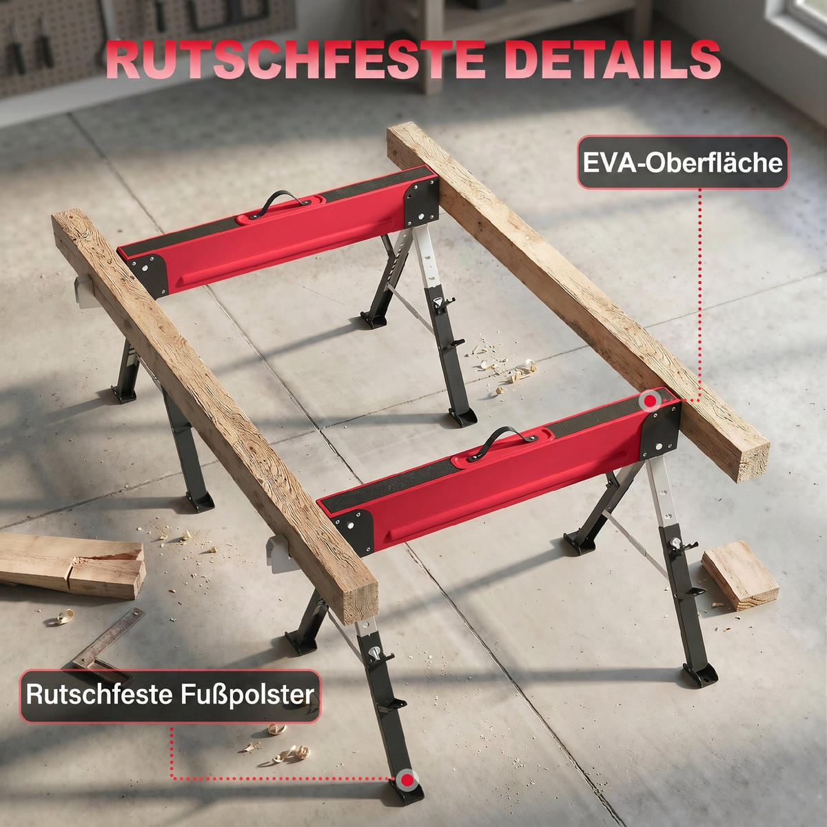 ARBEITSBOCK 2ER-SET DE-09203 klappbar & höhenverstellbar, bis 1160 kg Rot - Rot, Metall (116/64/81cm) - ComfortXL