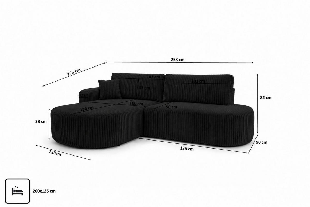 ECKSOFA Mit Schlaffunktion Und Bettkasten, Cordstoff Tilia, Schwarz, Links, ROUND ONE OPEN XL - Schwarz, Holz (258/175cm) - Kaiser Möbel