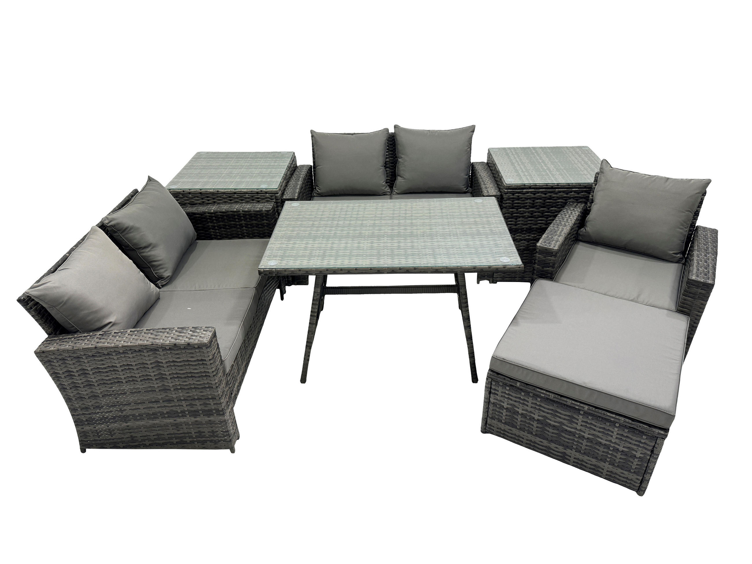 GARTENMÖBELSET mit ESSTISCH,HOCHLEHNER-SOFA Polyrattan Dunkelgrauer Mix 6-Sitzer - Dunkelgrau/Grau, Glas/Kunststoff - Fimous