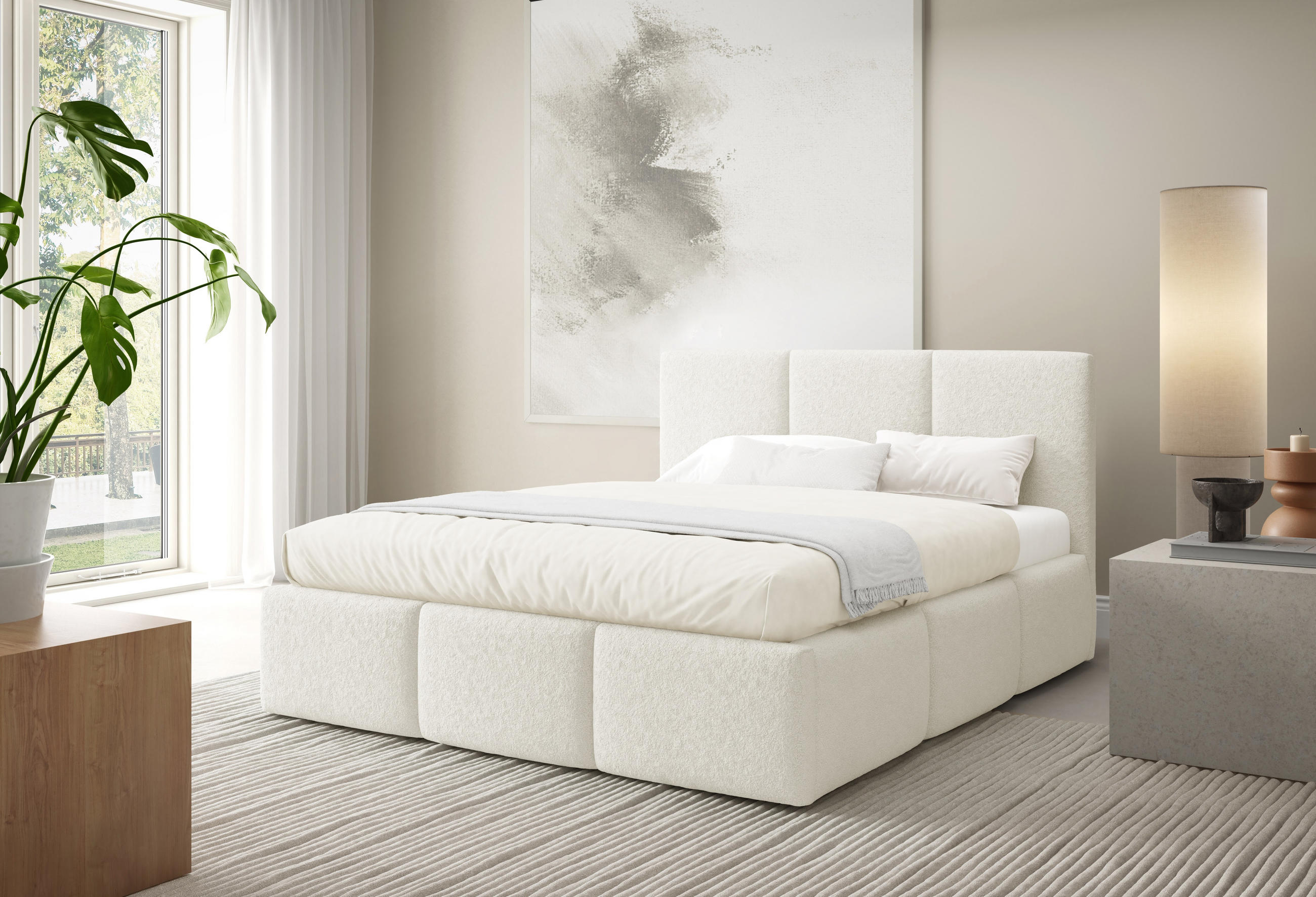 POLSTERBETT VALERIO mit Bettkasten, Bett 180x200,Doppelbett,Lattenrost,Boxspringbett-Optik,ohne Matratze,Schlafzimmer-Creme - Creme, Holz (180/200cm) - Furnistar