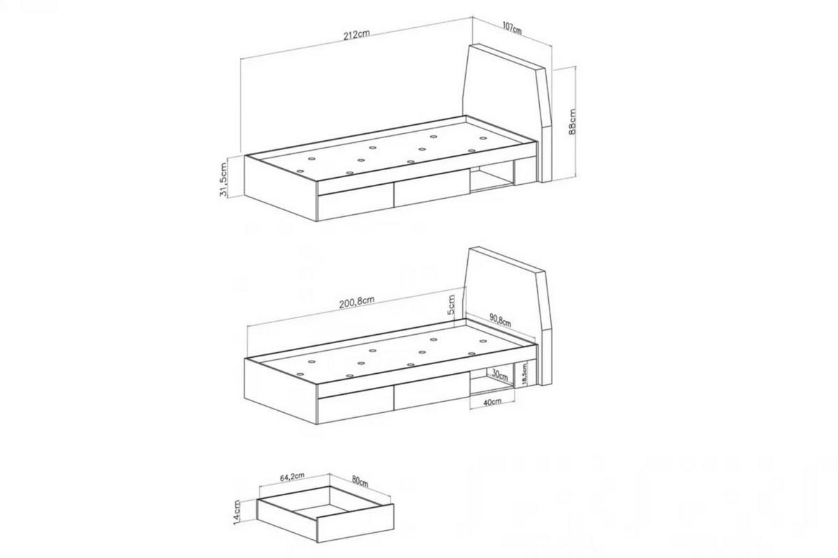 JUGENDBETT ALBI 90/200 in Geölte Eiche / Grau - Eichefarben/Grau, Holzwerkstoff (90/200cm) - Deine Möbel 24