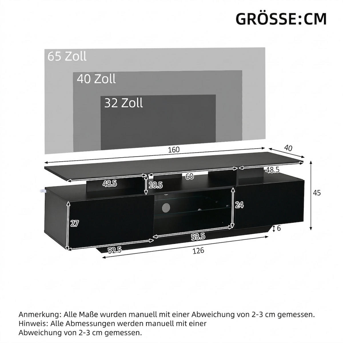 TV-SCHRANK 160/40/45 cm Schwarz Hochglanz mit LED und 2 Schränken - Schwarz, Holzwerkstoff (160/45/40cm) - Oxeza