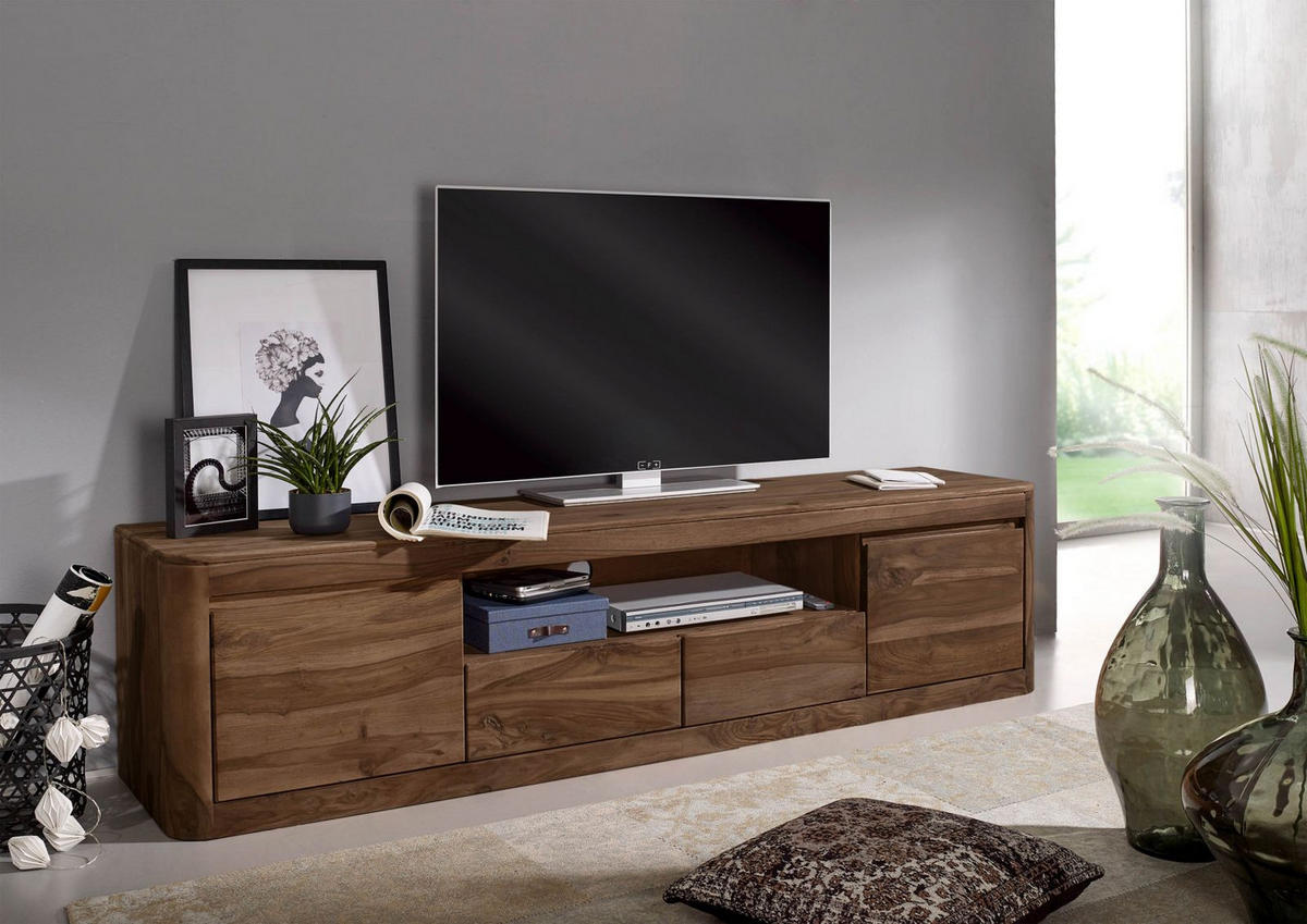 TV-BOARD Sheesham 200x45x50 rot-braun gebeizt TORONTO #151 - Dunkelbraun, Holz (200/50/45cm) - Massivmoebel24