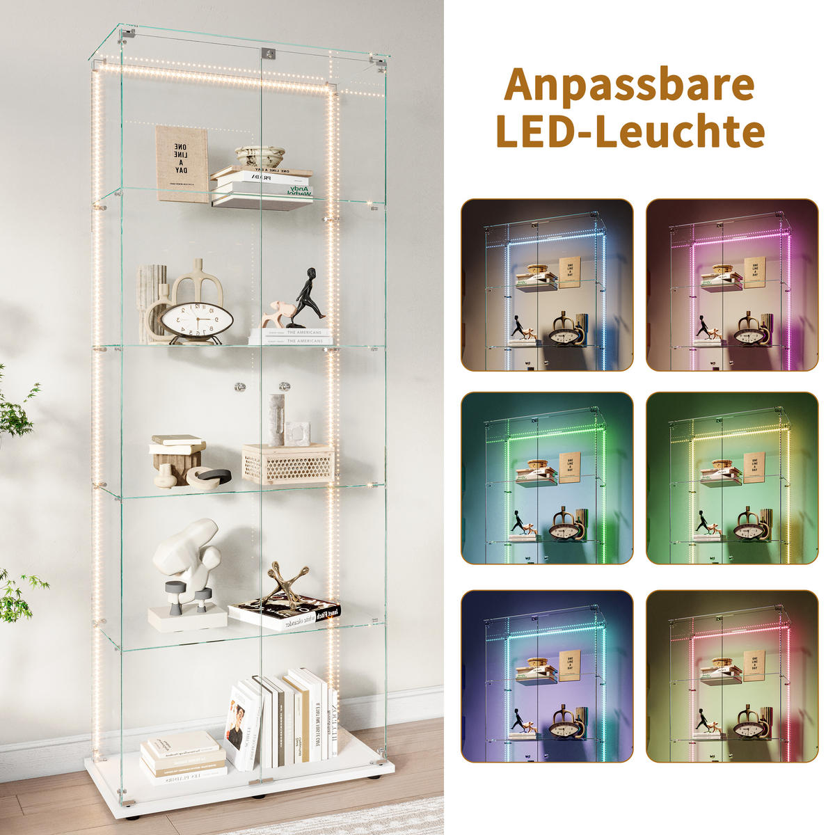 VITRINE 2 Türen, 5 Einlegeböden, LED Band, Glas, mobil, Stauraum optimal, weiß - Weiß, Glas (78.51/186.5/34.5cm) - EuroLiving
