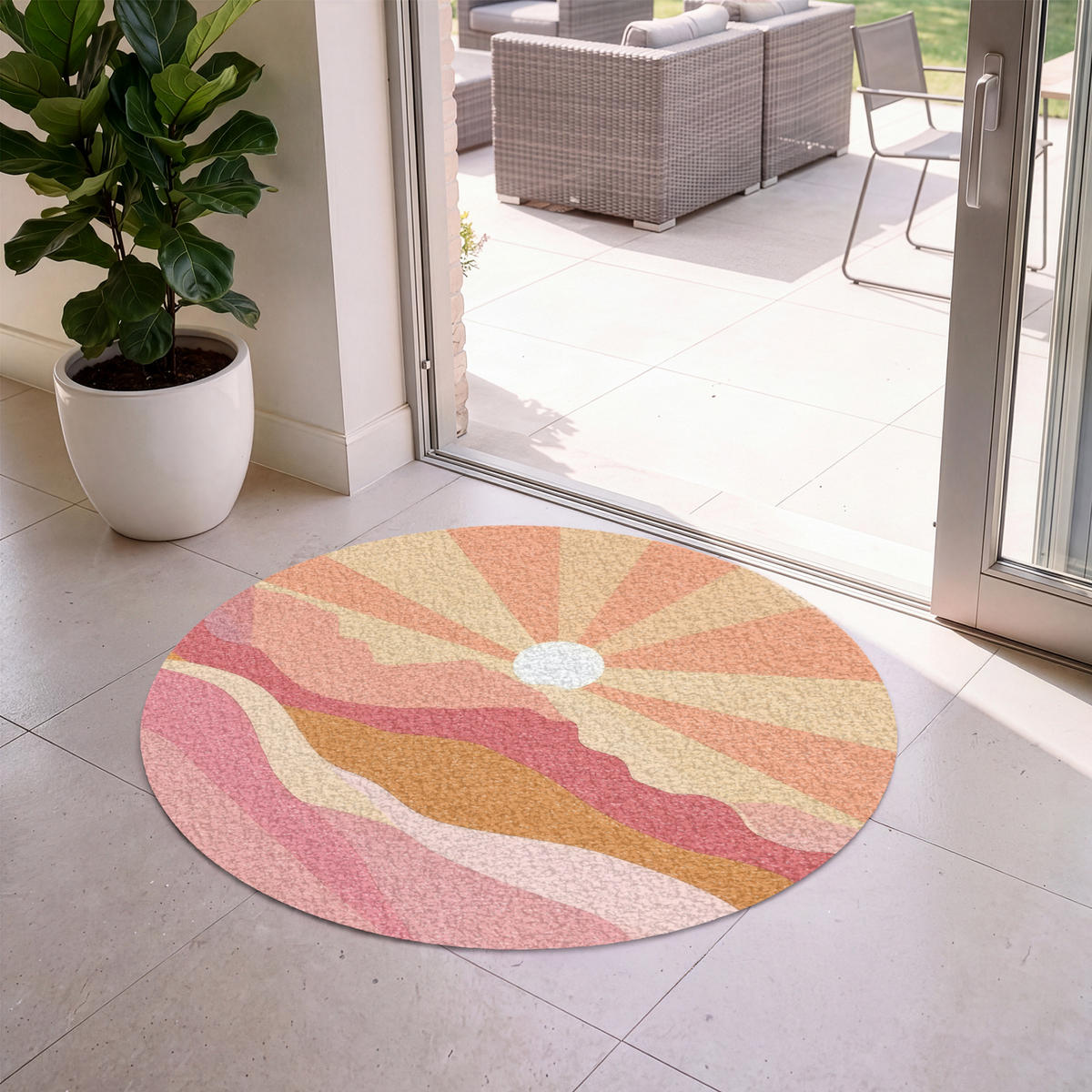 FUSSMATTE Berge - Abstrakt - Sonnenstrahlen - Rosa Sauberlaufmatte 120x120 cm - Rosa, Kunststoff (120/120cm) - MuchoWow