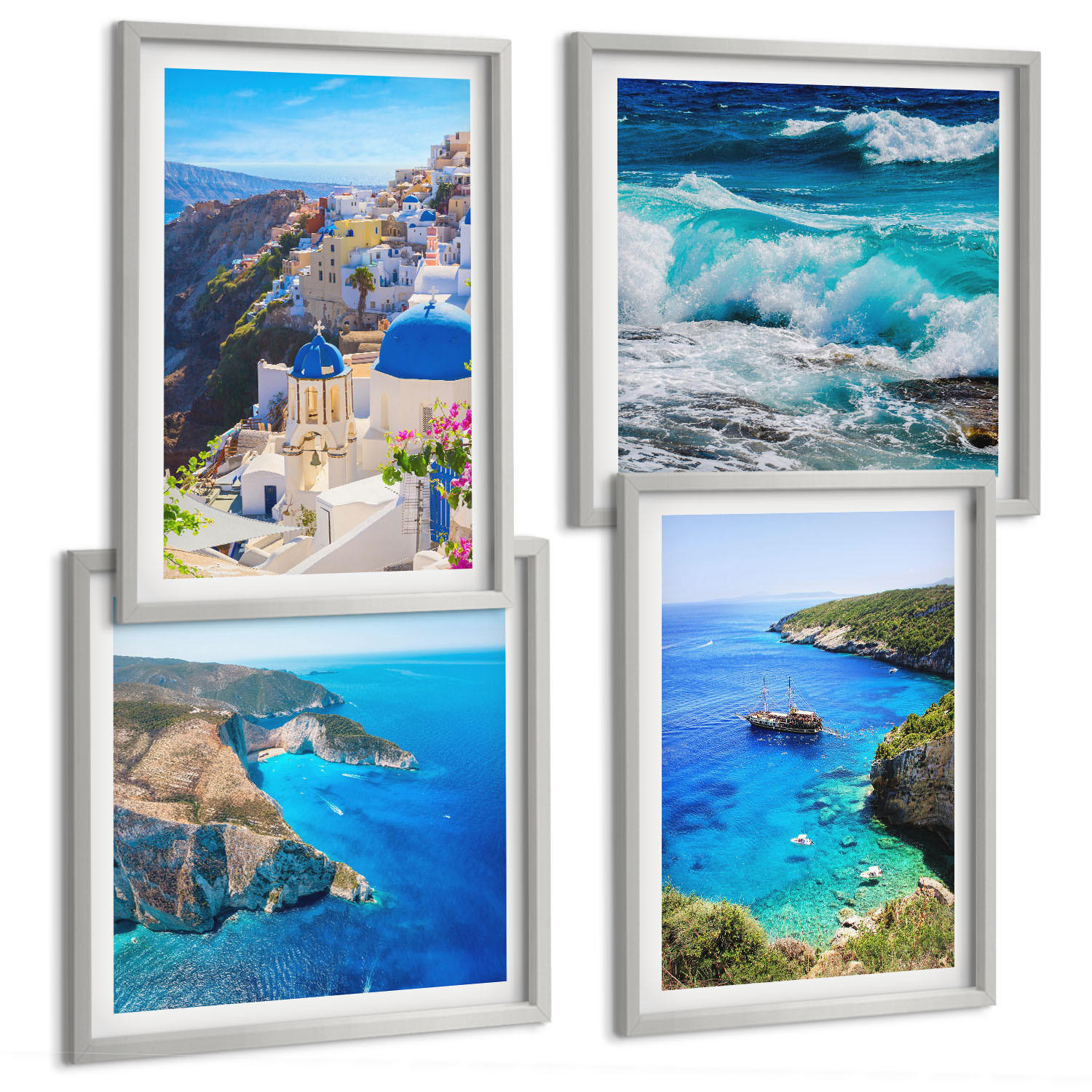 BILDER SET 4er Set - 50x50 cm & 40x60 cm Silberner Rahmen - Griechische Ansichten von Santorin Oia - Silberfarben, Kunststoff (50/50cm) - TULUP