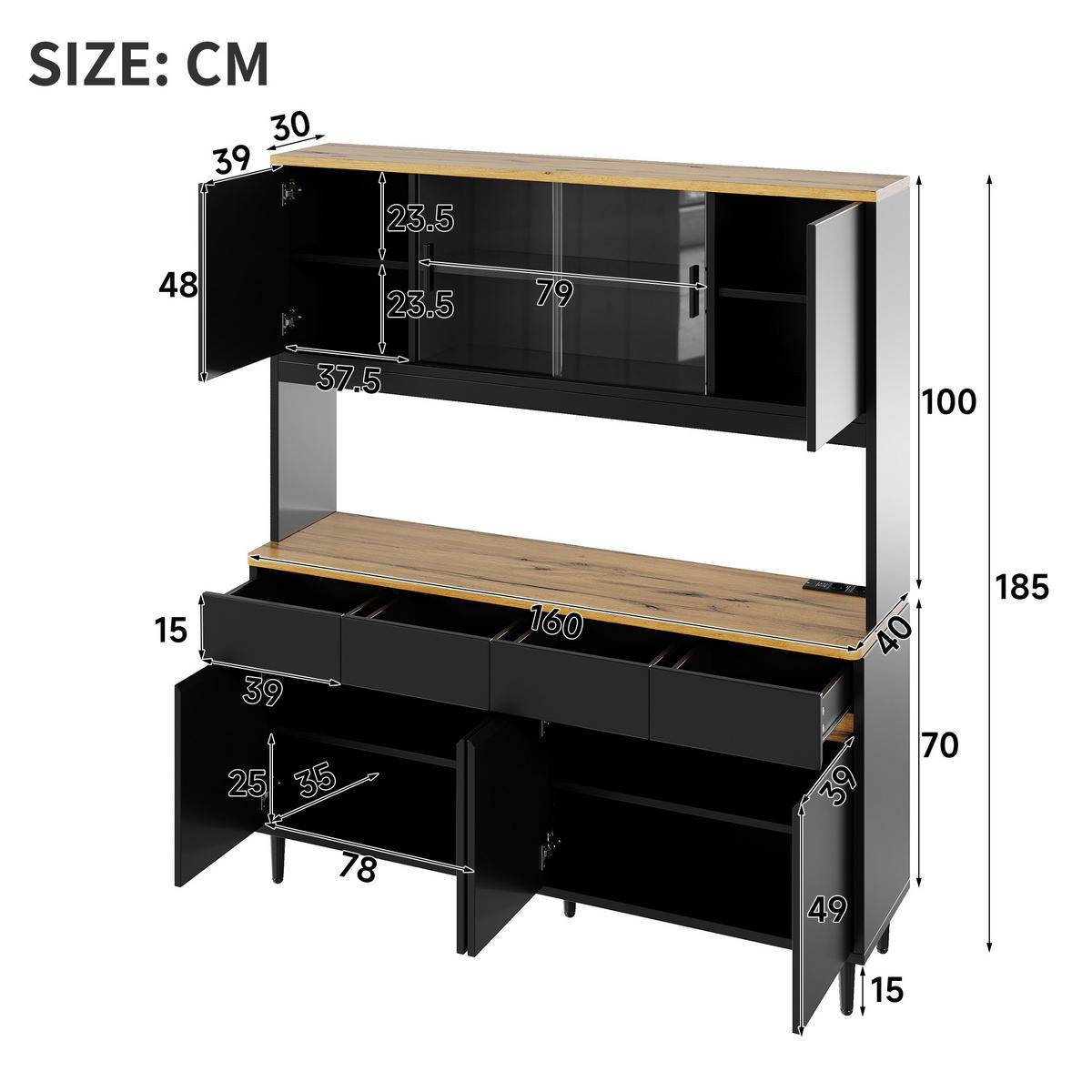 BUFFETSCHRANK 160x40x185cm LED Steckdose USB Schwarz Eiche - Schwarz, Holzwerkstoff (160/185/40cm) - FLIEKS