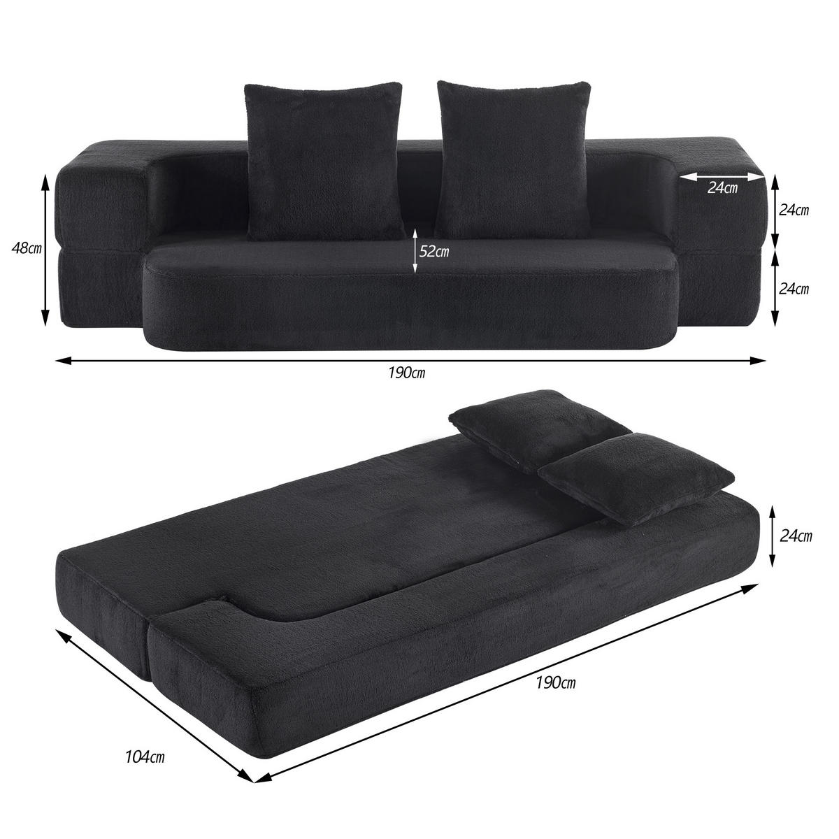 2-SITZER SCHLAFSOFA Stoff Schwarz klappbar mit Kissen - Schwarz, Textil (190/48/104cm) - WISHDOR