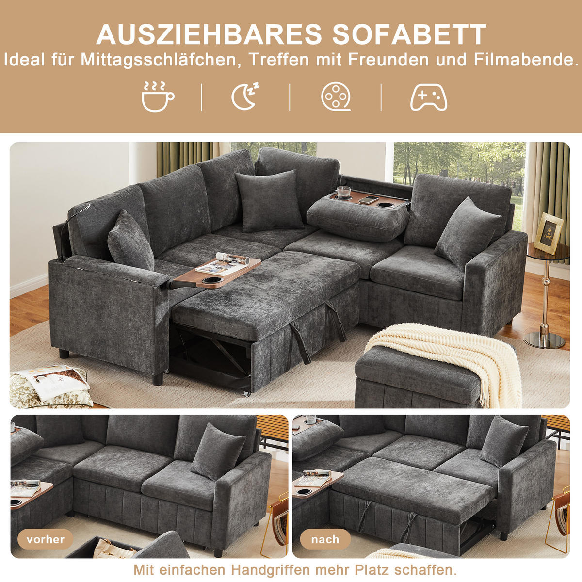 SOFA Grau Ecksofa Chenille Schlaffunktion USB Couchtisch 205cm - Grau, Textil (205/85/205cm) - FLIEKS