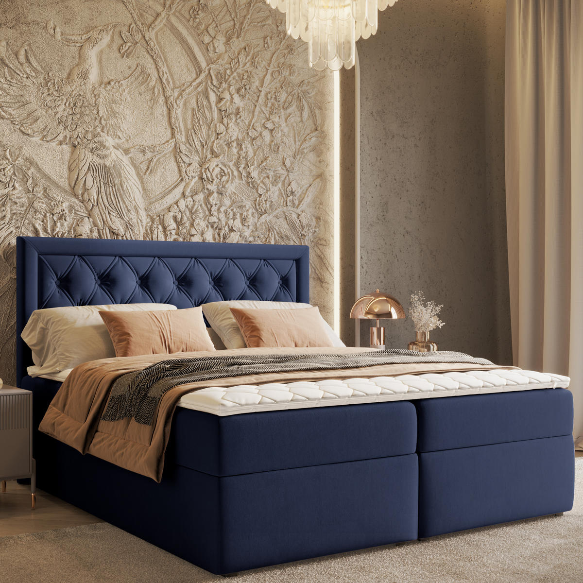 BOXBETT Maestro Marineblau 180/200 cm mit Bonellmatratze und Topper - Schwarz/Dunkelblau, Holz/Holzwerkstoff (180/200cm) - Maison de Reve