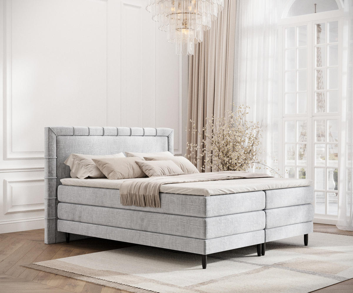 BOXSPRINGBETT Rimini Hellgrau 180/200 cm mit Matratze und Topper - Hellgrau/Schwarz, Holz/Holzwerkstoff (180/200cm) - Maison de Reve