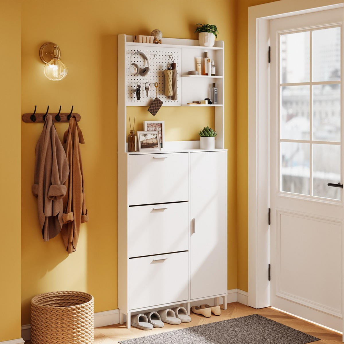 SCHUHSCHRANK mit Pegboard und Schubladen FSR232-W - Weiß, Holzwerkstoff/Kunststoff (83/197/14cm) - SoBuy