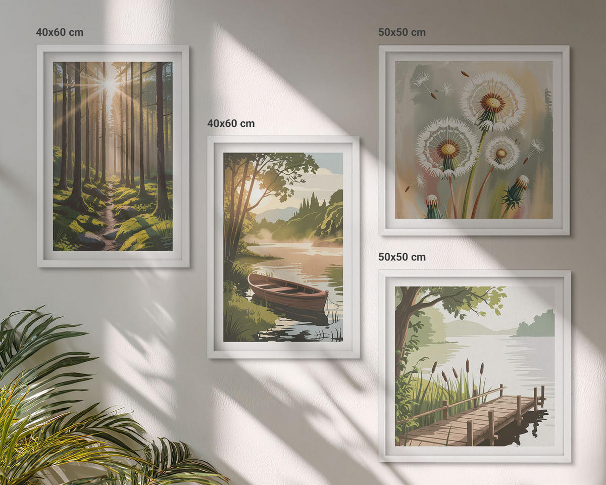 BILDER SET 4er Set - 50x50 cm & 40x60 cm Weißer Rahmen - Waldlandschaft, See Łódź - Weiß, Kunststoff (50/50cm) - TULUP