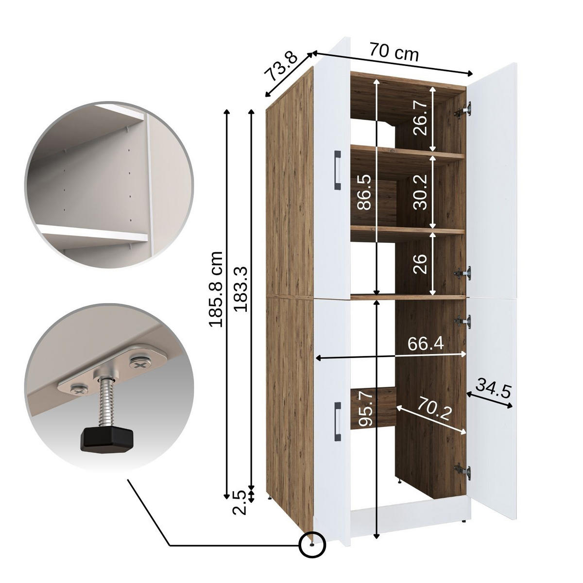 WASCHMASCHINENSCHRANK DORA-II 70cm Breit - Eiche Bianco, Holzwerkstoff (70/186/74cm)