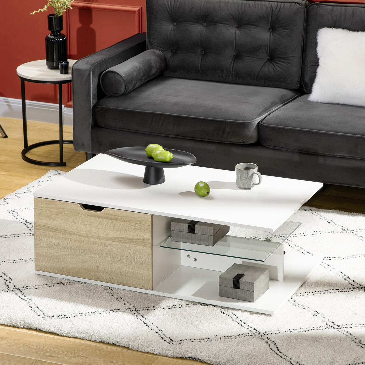 COUCHTISCH DE-15742 mit 2 Schubladen & Glasablage Weiß - Weiß, Holzwerkstoff (106/58/39cm) - ComfortXL