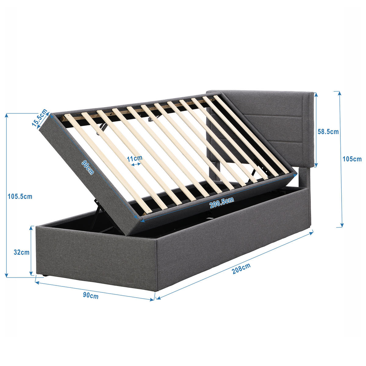POLSTERBETT 90/200 cm Grau mit Stauraum und Lattenrost aus MDF - Grau, Holzwerkstoff (90/200cm) - OKWISH