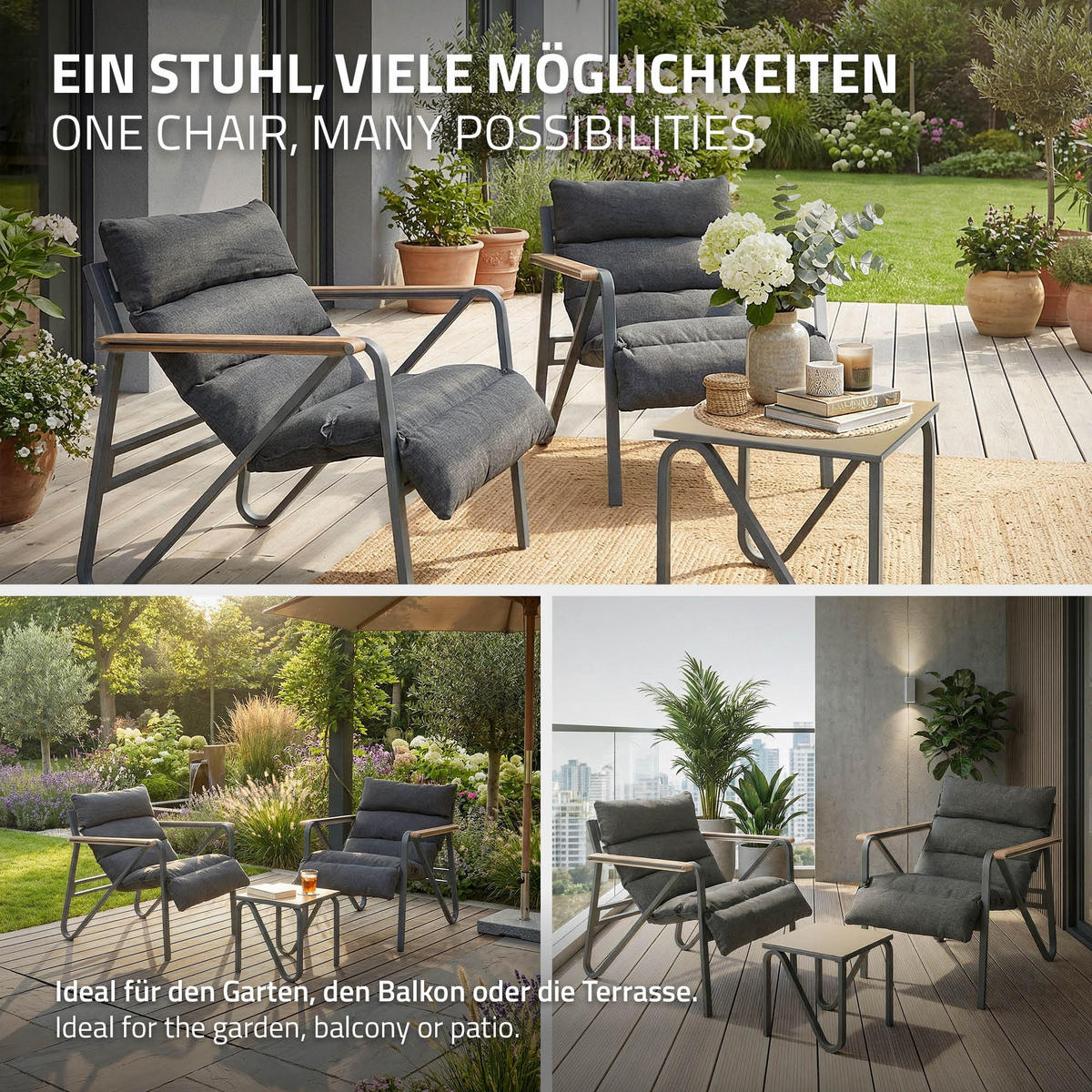 ZAHRADNÍ nábytek, 3dílná sada, antracitově šedá s ocelovým rámem - antracitová/hnědá, kov/textil - ML-DESIGN