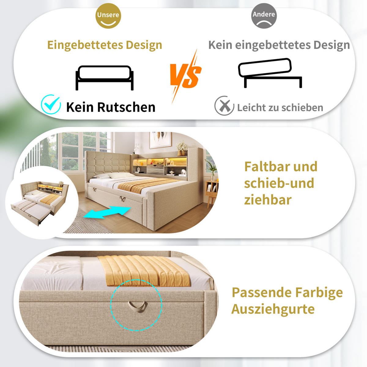 POLSTERBETT 90/180 x 200 cm Beige mit LED-Beleuchtung und USB- und Type-C-Anschlüssen - Beige, Textil (90/200cm) - Flora Grace