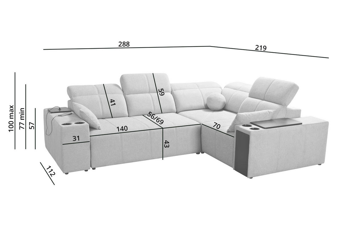 ECKSOFA Mit Schlaffunktion USB Und Verstellbarer Rückenlehne Mindy II KaltesBeige Rechts - Creme, Holz/Textil (288/219cm) - Kaiser Möbel