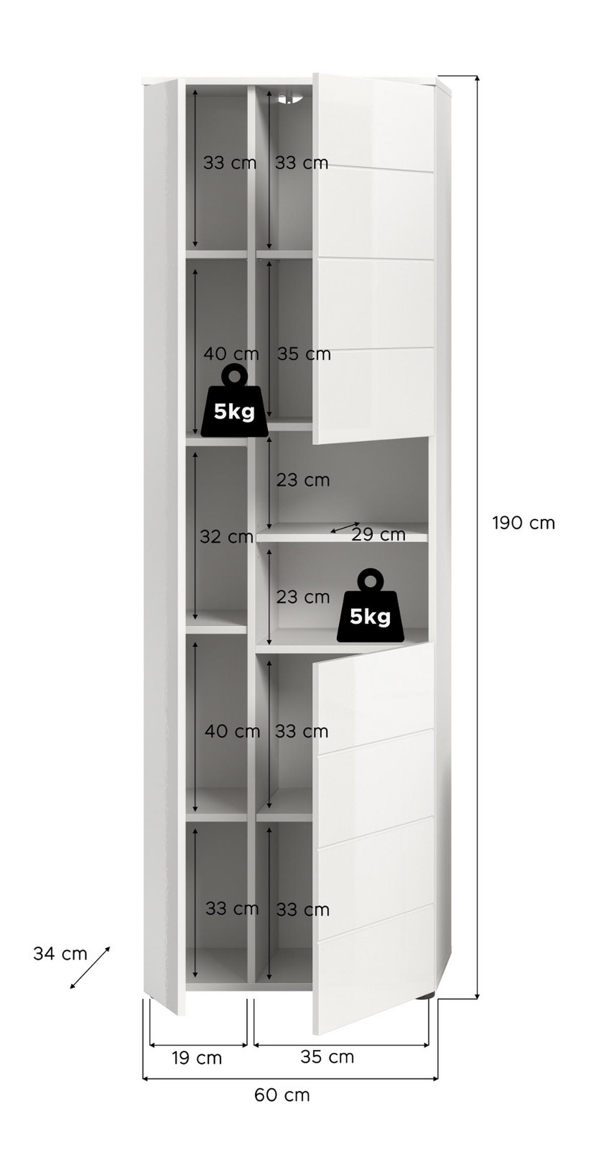 BADSCHRANK weiß Hochglanz 60 x 190 cm, Hochschrank mit 11 Fächern - Weiß Hochglanz/Schwarz, Holzwerkstoff/Kunststoff (60/190/34cm) - Inn.Furn