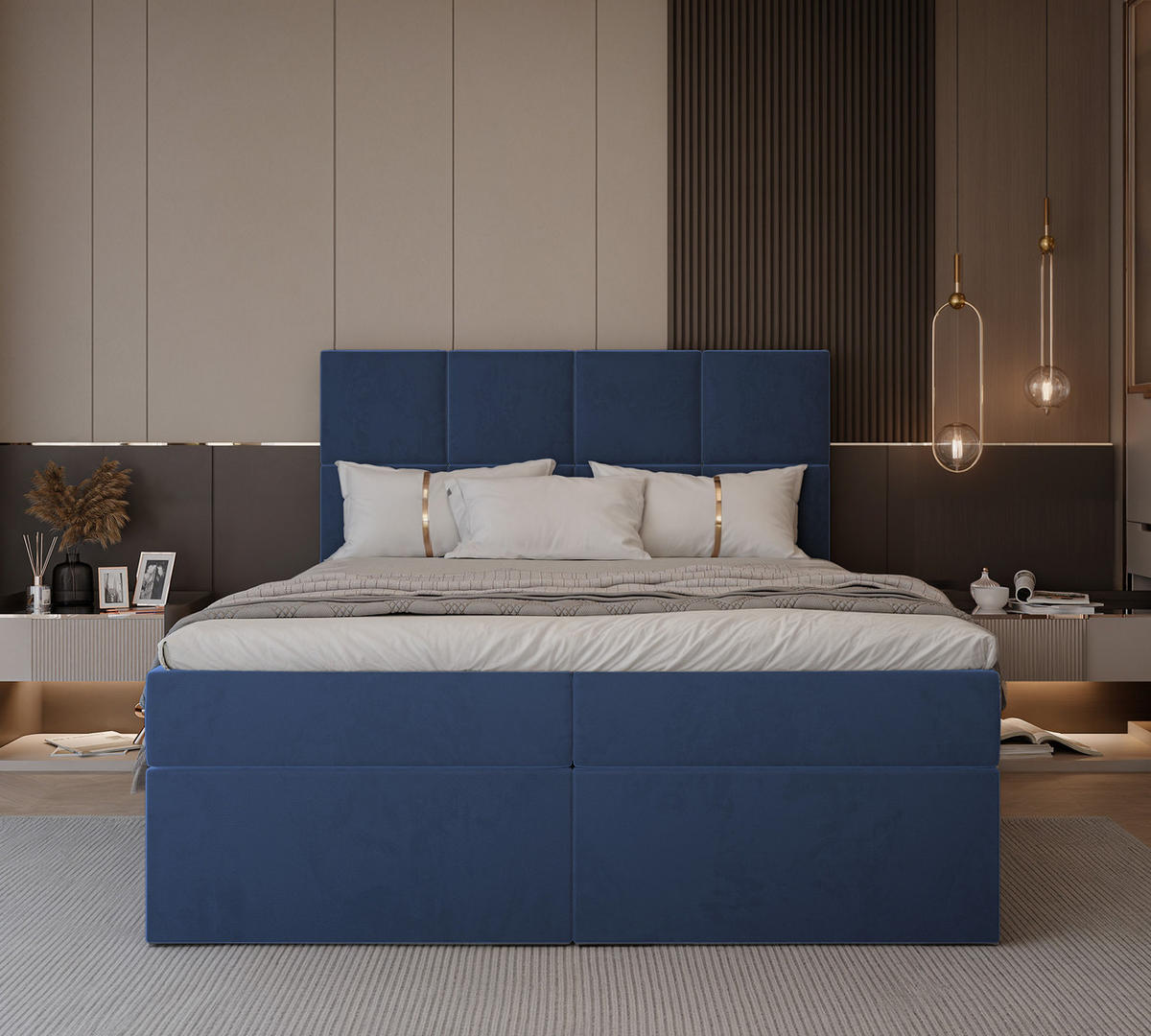 BOXBETT MAGNUS 200/200 cm mit Matratze und Topper, Marineblau - Dunkelblau, Textil (200/200cm) - Idohome