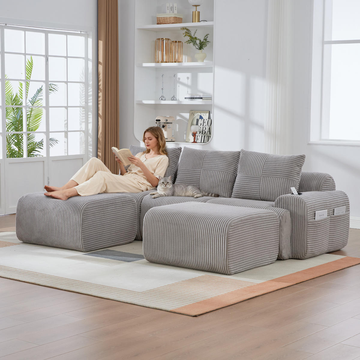 WOHNLANDSCHAFT Cord Hellgrau mit 2 Hocker, Cupholder und Aufbewahrungstasche - Hellgrau, Textil (268/80/174cm) - WISHDOR