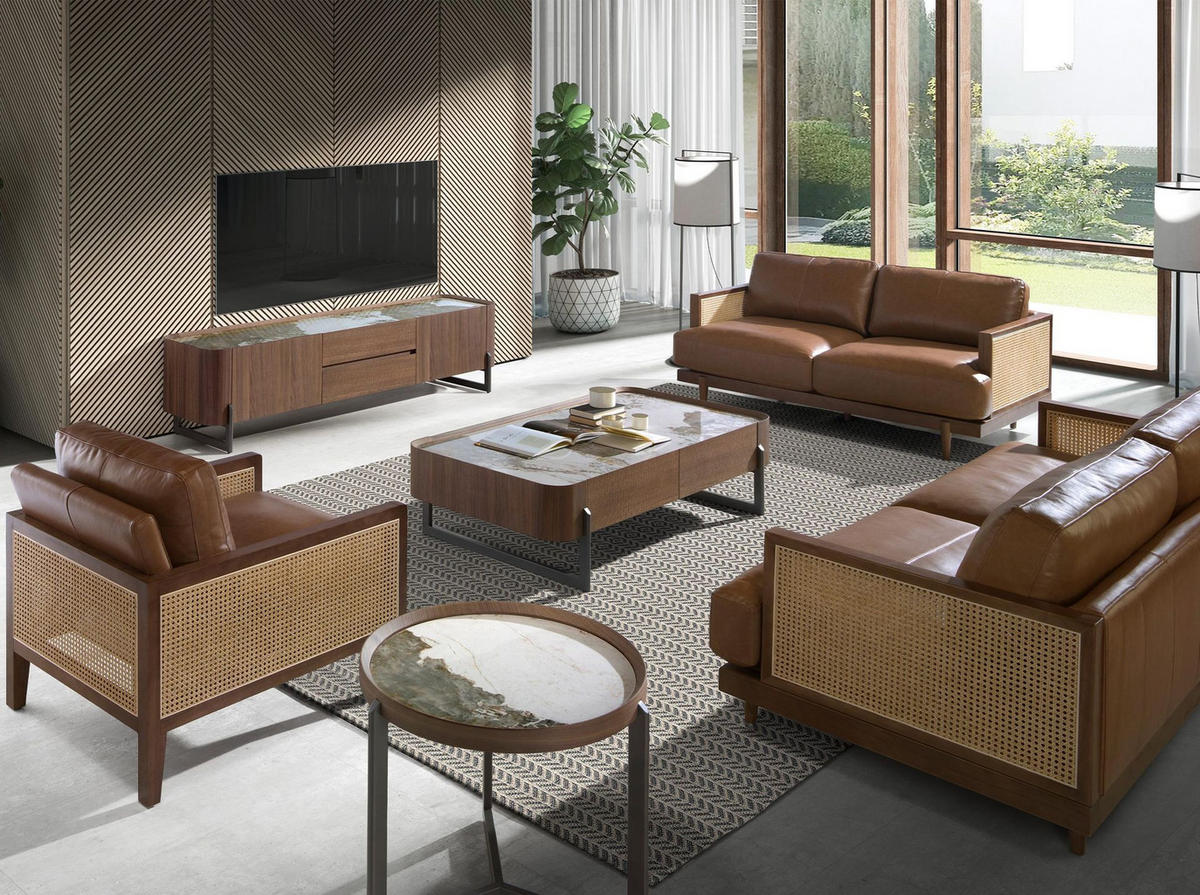 TV-ELEMENT TV-Ständer aus Nussbaum und dunklem metallisiertem Stahl mit Porzellanmarmorplatte 200/45/52 cm - Walnussfarben/Weiß, Holz (200/52/45cm) - ANGEL CERDA