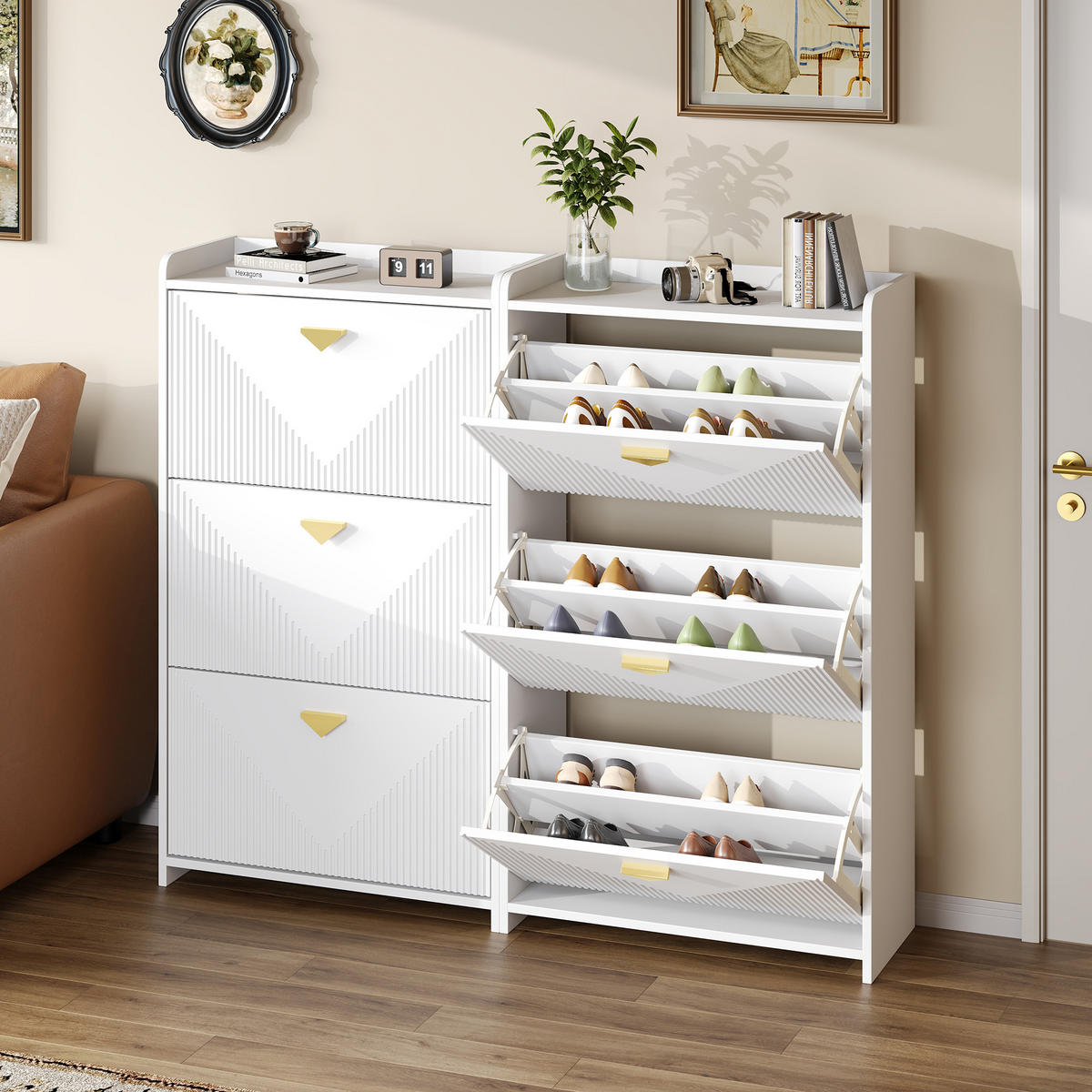 SCHUHSCHRANK aus MDF 140x30x120cm in Weiß mit 3 Klapptüren - Weiß, Holzwerkstoff (140/120/30cm) - Modfu