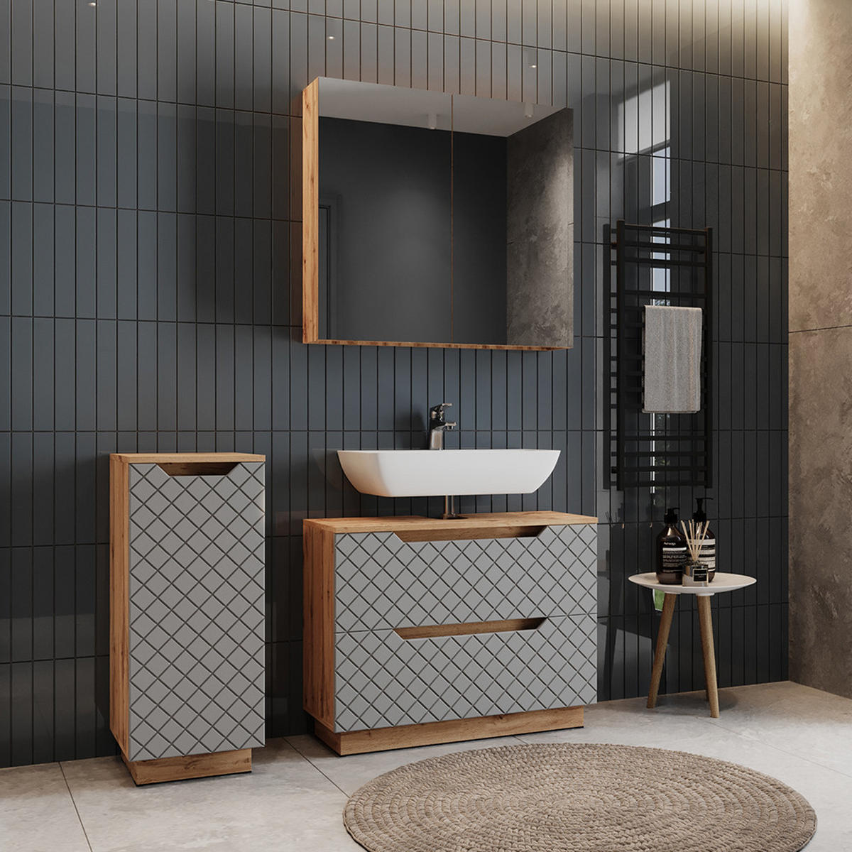 BADMÖBEL-SET Lotta Eiche/Grau mit Kachelstruktur 3 Teile - Grau, Holzwerkstoff (79.6/62.5/32cm) - Vicco