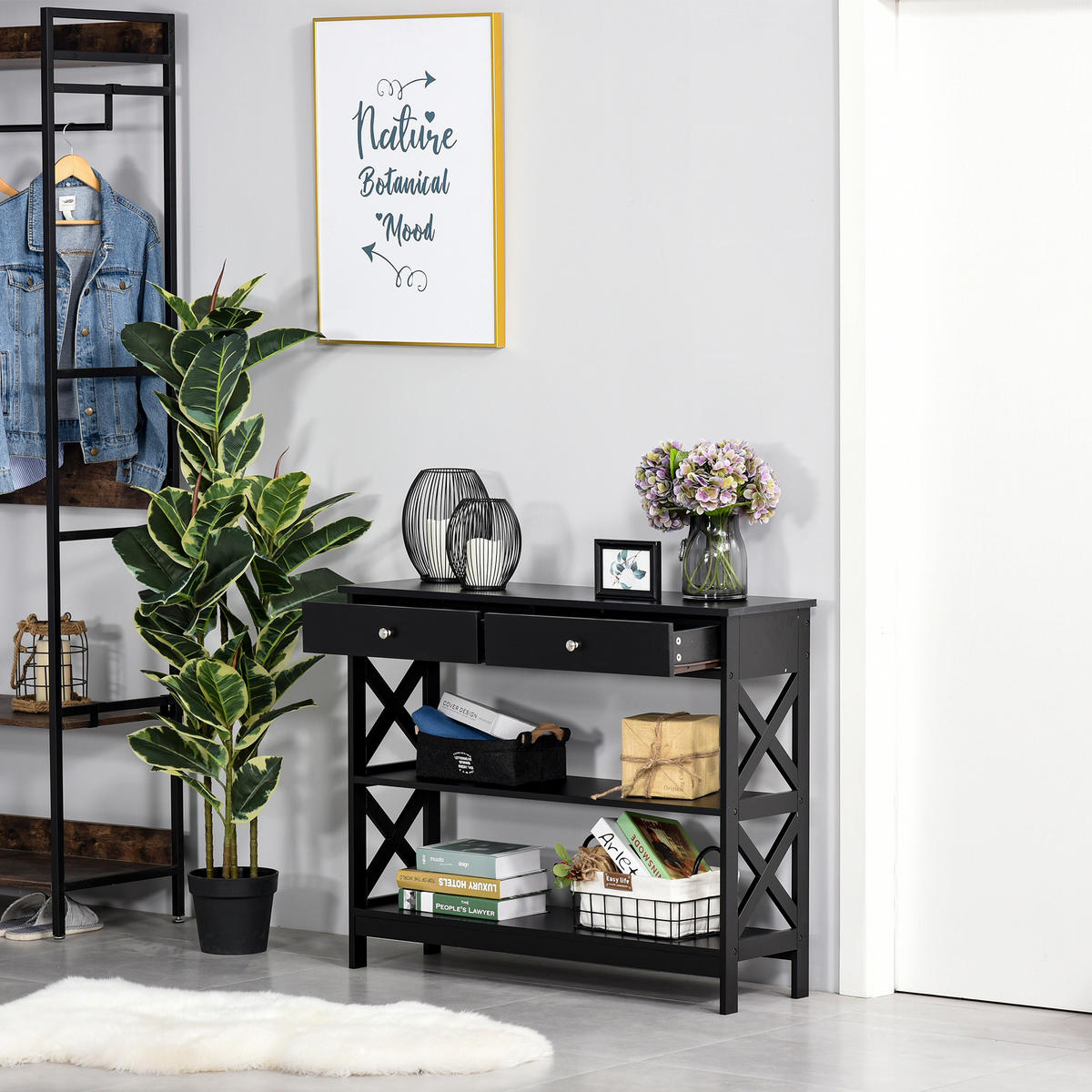 KONSOLENTISCH DE-16749 2 Schubladen + 2 Ablagen, 100 cm Schwarz - Schwarz, Holzwerkstoff (100/30.5/80cm) - ComfortXL