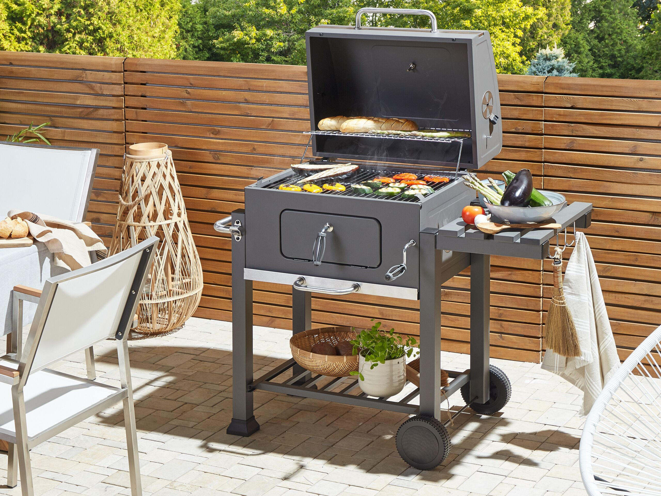 HOLZKOHLEGRILL mit Deckel Stahl grau rechteckig rollbar Pavlof - Grau, Metall (79/107/49cm)