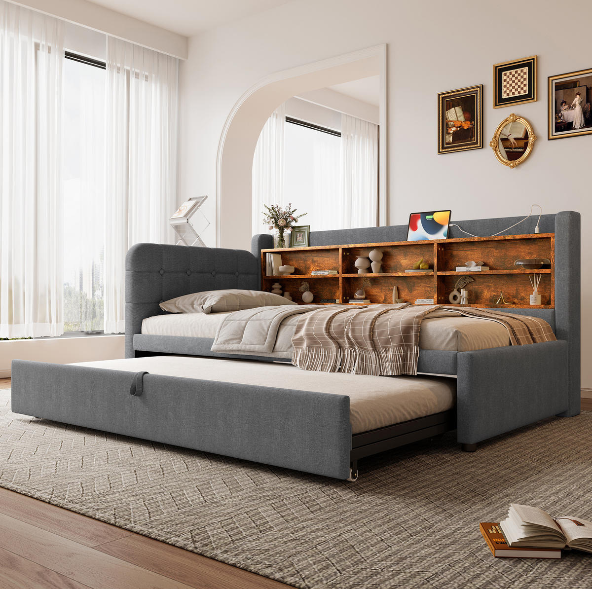 POLSTERBETT 90/200 cm Grau aus Leinen mit Ausziehbett und USB - Grau, Textil (90/200cm) - OKMYHOME