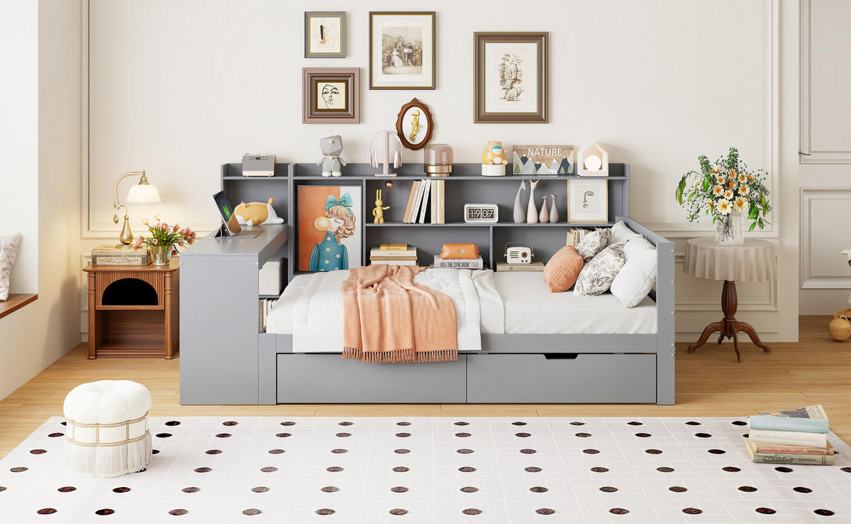 BETT 90/200 cm aus Massivholz in Grau – mit Schreibtisch, Regalen und 2 Schubladen - Grau, Holz (90/200cm) - BEAOK