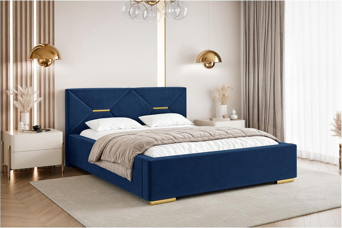 BETT LIZZY H3 - Goldfarben/Dunkelblau, Holzwerkstoff (160/200cm) - Meblini