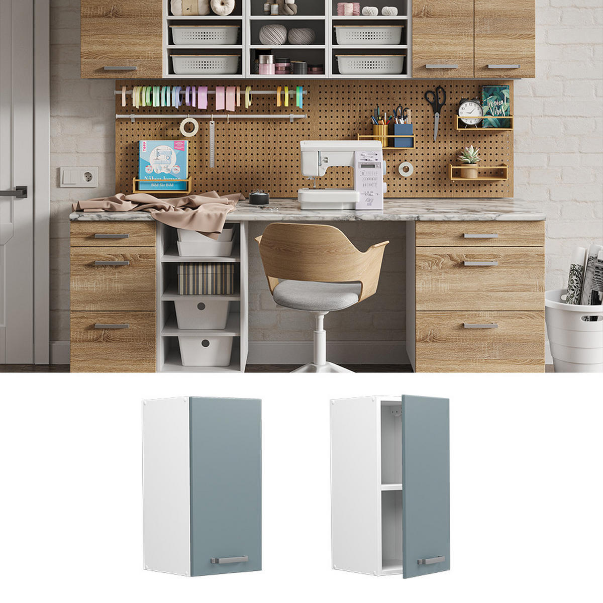 UNIVERZÁLNÍ NÁSTĚNNÁ SKŘÍŇKA R-Line Modrošedá - bílá/šedohnědá, kompozitní dřevo (30/60/31cm) - Vicco