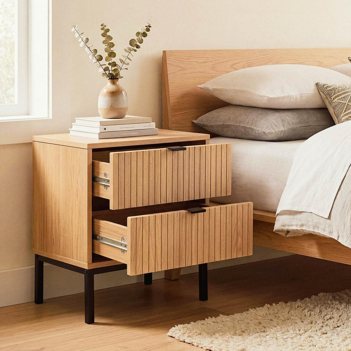 NACHTTISCH 2 Schubladen Effekt Holz mit Rillen - H51cm - Eschefarben, Holzwerkstoff (29/51/36cm) - Calicosy