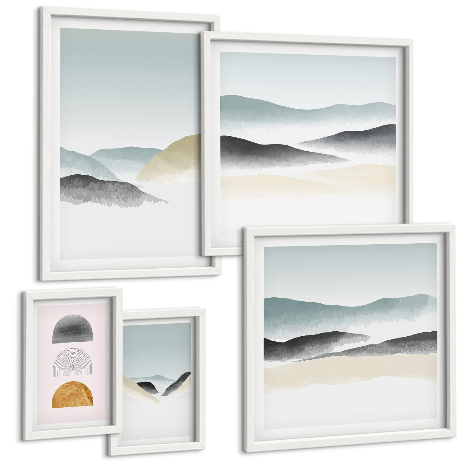 BILDER SET 5er Set - 50x50 cm & 20x30 cm & 40x60 cm Weißer Rahmen - Wellen – Japanische Kunstgrafik - Weiß, Kunststoff (40/60cm) - TULUP
