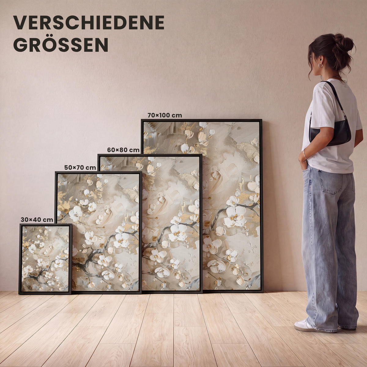 LEINWAND Bilder mit Rahmen - Blumen - Weiß - Gold - Beige - Luxus - 50x70 - Greige, Textil (50/70cm) - MuchoWow