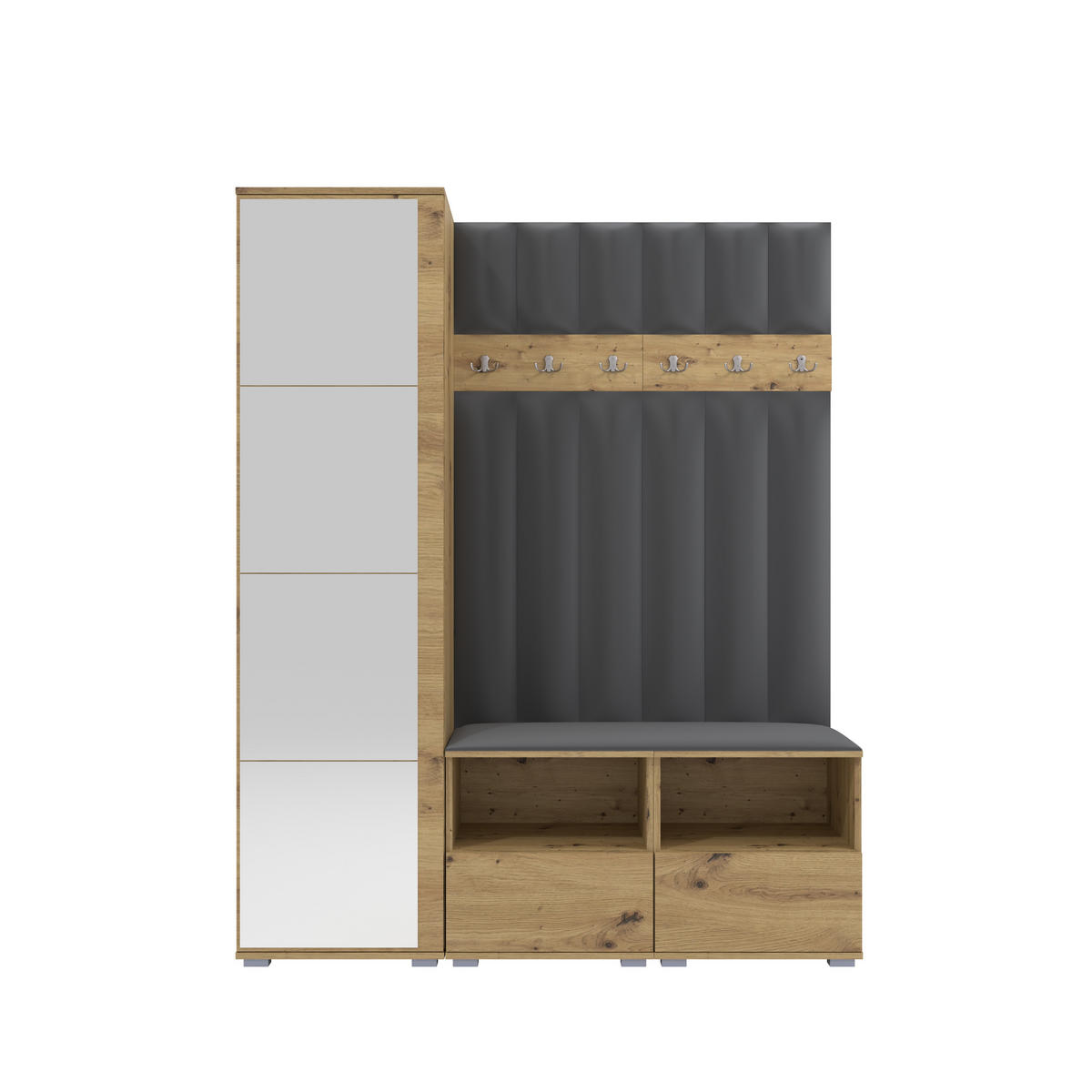 GEPOLSTERT Garderoben-Set Nela II LUX (Spiegel – Farbe Eiche Artisan + Stoff Trinity 15) - Dunkelgrau/Silberfarben, Holz/Holzwerkstoff (150/187/40cm) - Ravio