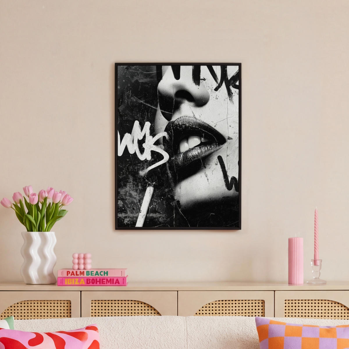 LEINWAND Bilder mit Rahmen - Gesicht - Mund - Graffiti - Schwarz - 50x70 - Schwarz, Textil (50/70cm) - MuchoWow