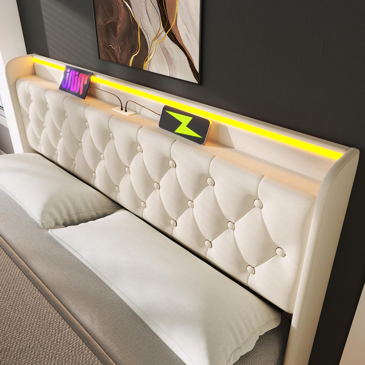 POLSTERBETT 160/200 cm in Weiß Kunstleder mit Bettkasten, LED, USB und Type-C - Weiß, Holzwerkstoff/Textil (160/200cm) - WISHDOR