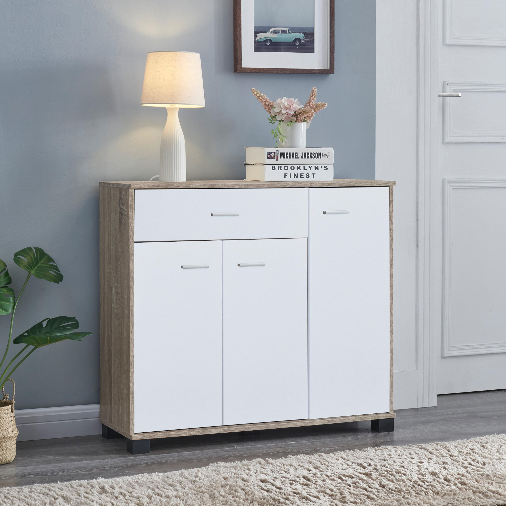 SIDEBOARD Bobeck - Eichefarben/Weiß, Holzwerkstoff (80/72/28cm) - [en.casa]