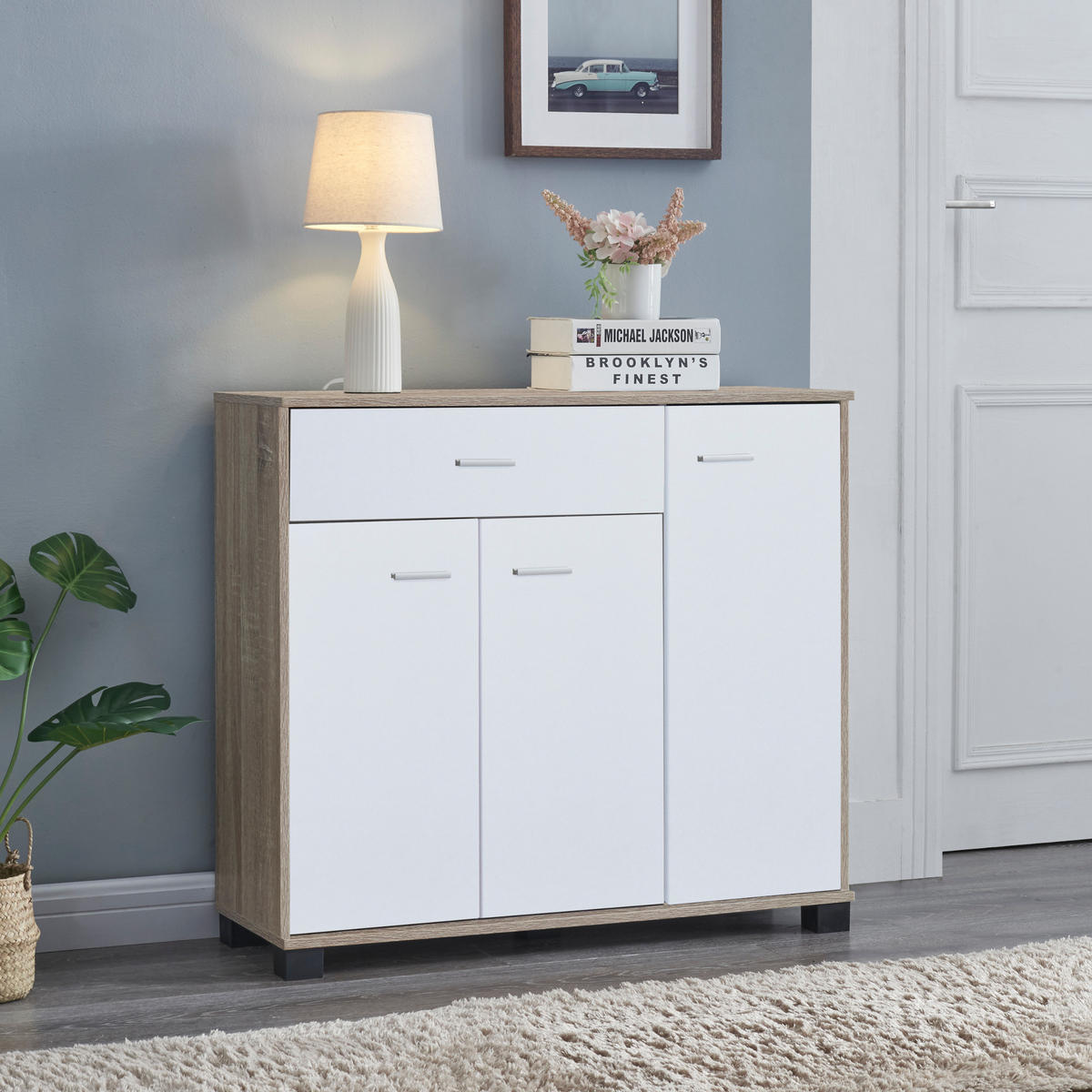 SIDEBOARD Bobeck - Eichefarben/Weiß, Holzwerkstoff (80/72/28cm) - [en.casa]