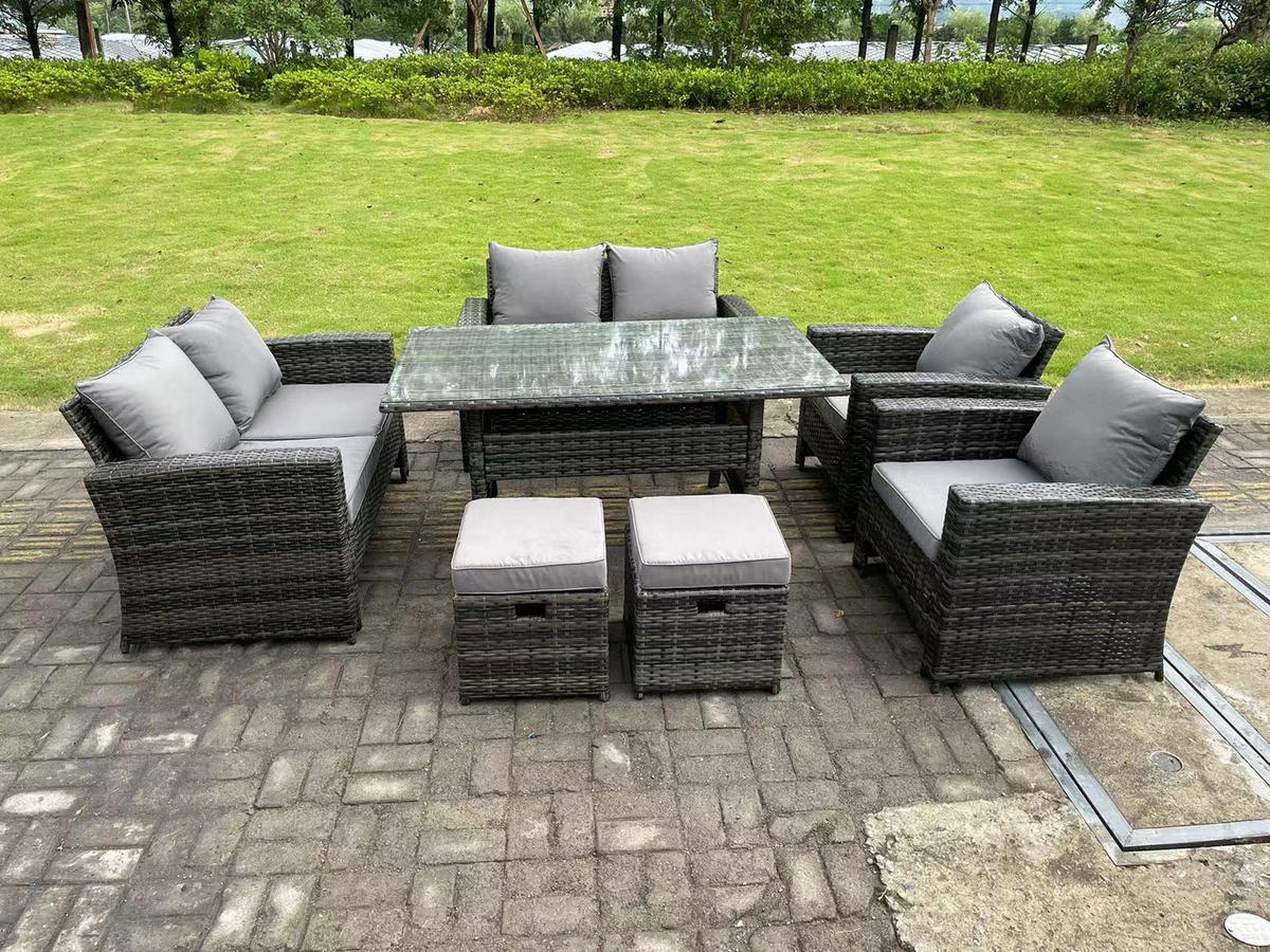 GARTENMÖBELGARNITUR mit Esstisch Polyrattan Dunkelgrau 8-Sitzer - Dunkelgrau/Grau, Glas/Kunststoff - Fimous